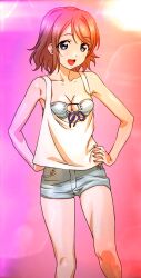 Rule 34 | 1girl, aqua bra, bare arms, bare shoulders, blue eyes, blue shorts, bra, breasts, collarbone, commentary request, denim, denim shorts, gradient background, grey hair, hands on own hips, highres, looking at viewer, loose clothes, love live!, love live! sunshine!!, medium breasts, multicolored background, open mouth, pink background, purple background, shiny skin, shorts, skindentation, solo, standing, tank top, teeth, thighs, underwear, watanabe yoshihiro, watanabe you, white tank top