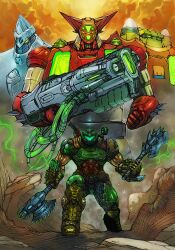 Rule 34 | armor, axe, bfg 9000, crossover, doom (2016), doom (series), doomguy, dual wielding, getter-1, getter-2, getter-3, getter robo, glowing, glowing eyes, green armor, highres, holding, holding weapon, huge weapon, mecha, multiple weapons, oekaki, power armor, red armor, robot, super robot, weapon, yamanushi