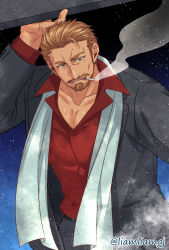 Rule 34 | 1boy, bara, collarbone, commentary request, facial hair, goatee, hige kariudoshachi, long sleeves, male focus, mature male, muscular, muscular male, mustache, old, old man, open mouth, original, pectoral cleavage, pectorals, red shirt, scarf, shirt, smile, smoking, solo