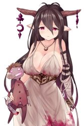 Rule 34 | 10s, 1girl, antenna hair, bad id, bad pixiv id, bandages, black gloves, black hair, blood, blood on clothes, bloody dress, breasts, byakuya mika, cleavage, danua, doll, draph, dress, fingerless gloves, gloves, granblue fantasy, hair between eyes, highres, horn ornament, horns, jewelry, large breasts, long hair, pointy ears, red eyes, solo, white background