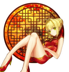 Rule 34 | 1girl, ahoge, akamakoto, blonde hair, breasts, china dress, chinese clothes, cleavage cutout, clothing cutout, dress, fate/extra, fate (series), green eyes, high heels, looking at viewer, medium breasts, nero claudius (fate), nero claudius (fate) (all), nero claudius (fate/extra), open mouth, print dress, pumps, red dress, red footwear, short dress, sidelocks, simple background, sitting, sleeveless, sleeveless dress, solo, white background