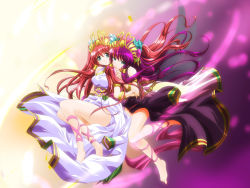 Rule 34 | 2girls, ankle lace-up, barefoot, bracelet, chain, chaos venus (p&amp;d), cross-laced footwear, dual persona, green eyes, hair tubes, headdress, jewelry, long hair, lots of jewelry, multicolored hair, multiple girls, pink hair, purple hair, puzzle &amp; dragons, red hair, repray, venus (p&amp;d)