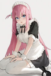 Rule 34 | 1girl, absurdres, alternate costume, apron, black footwear, blue eyes, bocchi the rock!, cube hair ornament, dress, frills, gotoh hitori, grey background, hair between eyes, hair ornament, highres, kir (khw66136132), long hair, looking at viewer, maid, maid apron, maid headdress, mary janes, one side up, open mouth, pink hair, seiza, shoes, simple background, sitting, solo, sweatdrop, thighhighs