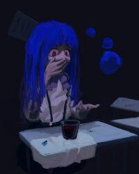 Rule 34 | 1girl, absurdres, black skirt, blood, blue hair, bow, crying, crying with eyes open, dark, elainma, furude rika, hand on own face, highres, higurashi no naku koro ni, long hair, purple eyes, shirt, simple background, skirt, solo, standing, surprised, suspender skirt, suspenders, table, tears, white shirt, wide-eyed