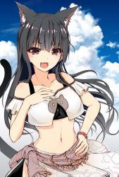 Rule 34 | 1girl, animal ears, animal print, black hair, breasts, brown eyes, cat ears, cat girl, cat print, cat tail, cloud, cowboy shot, day, fang, female focus, hand on own chest, long hair, looking at viewer, midriff, navel, open mouth, original, sky, smile, solo, suishin tenra, suitenjh, tail