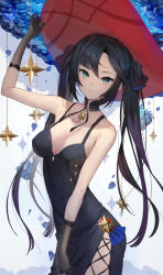 Rule 34 | 1girl, alternate costume, arm up, bare arms, bare shoulders, black dress, black gloves, black hair, blue flower, blue rose, breasts, brooch, choker, closed mouth, collarbone, cowboy shot, dress, falling petals, flower, genshin impact, gloves, green eyes, hand on headwear, hat, jewelry, long hair, looking at viewer, medium breasts, mona (genshin impact), petals, revision, rose, scottie (phantom2), side slit, solo, twintails, very long hair, witch hat