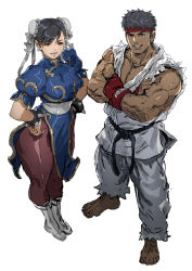 Rule 34 | 1boy, 1girl, barefoot, belt, black belt, black hair, blue dress, boots, bracelet, breasts, brown pantyhose, bun cover, capcom, china dress, chinese clothes, chun-li, commentary request, crossed arms, double bun, dougi, dress, full body, hair bun, hands on own hips, headband, highres, jewelry, looking at viewer, martial arts belt, medium breasts, muscular, pantyhose, pelvic curtain, puffy short sleeves, puffy sleeves, ryu (street fighter), sash, short sleeves, side slit, sleeveless, smile, spiked bracelet, spikes, standing, street fighter, street fighter ii (series), swept bangs, tan, thick eyebrows, thick thighs, thighs, toes, white footwear, yasuda akira