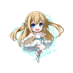 Rule 34 | 10s, 1girl, :d, amagi brilliant park, ankle lace-up, bare shoulders, blonde hair, blue eyes, chibi, cross-laced footwear, full body, hair ribbon, highres, kuena, long hair, navel, no socks, open mouth, ribbon, sandals, smile, solo, sylphy (amaburi), two side up
