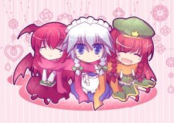 Rule 34 | 3girls, :d, ^ ^, bad id, bad pixiv id, bat wings, beret, blue eyes, book, braid, chibi, closed eyes, embodiment of scarlet devil, female focus, fuepo, hat, head wings, heart, hong meiling, izayoi sakuya, koakuma, maid, maid headdress, multiple girls, open mouth, red hair, scarf, shared clothes, shared scarf, side slit, silver hair, smile, star (symbol), touhou, twin braids, wings, wrist cuffs