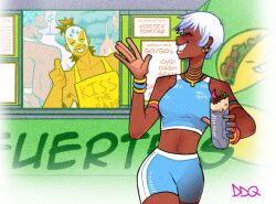 Rule 34 | 1girl, 2boys, apron, armlet, bike shorts, blue nails, blue shorts, blue sports bra, bracelet, closed eyes, dark-skinned female, dark skin, demidevilqueen, earrings, el fuerte, elena (street fighter), food, food truck, grin, hakan, holding, holding food, initial, jewelry, multiple boys, necklace, short hair, shorts, smile, sports bra, street fighter, thumbs up, white hair, yellow apron