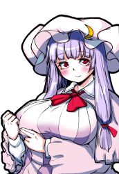Rule 34 | 1girl, blush, breasts, crescent, crescent hair ornament, dress, hair ornament, hat, hat ribbon, hiro (h-net), large breasts, long hair, mob cap, patchouli knowledge, plump, purple hair, red eyes, ribbon, simple background, smile, solo, striped clothes, striped dress, touhou, white background