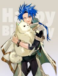 Rule 34 | 1boy, animal, asymmetrical bangs, birthday, blue hair, bodysuit, bodysuit under clothes, bracelet, braid, braided ponytail, capelet, child, clothing cutout, cowboy shot, cu chulainn (fate), dog, earrings, fate/grand order, fate (series), happy birthday, highres, holding, holding animal, hood, hooded capelet, jewelry, long hair, looking at viewer, male focus, muscular, muscular child, puffy pants, puppy, red eyes, samoyed (dog), setanta (fate), simple background, smile, solo, thigh cutout, tsurupika, white dog