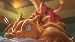 Rule 34 | !, !!, 2boys, anal, ass, bed, blue eyes, bna v5, charizard, charmeleon, creatures (company), doggystyle, dragon, dragon tail, dragon wings, game freak, gen 1 pokemon, grabbing, grabbing from behind, highres, lying, male penetrated, monster boy, multiple boys, nintendo, on bed, pokemon, sex, sex from behind, size difference, surprised, tail, top-down bottom-up, wings, yaoi