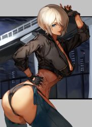 Rule 34 | 1girl, angel (kof), black jacket, bra, breasts, chaps, commentary, cropped jacket, horns pose, fingerless gloves, gloves, hair over one eye, hand on own hip, highres, index fingers raised, jacket, large breasts, leather, leather jacket, midriff, nasubin (nasubisamurai15), navel, snk, solo, strapless, strapless bra, the king of fighters, the king of fighters xiv, the king of fighters xv, toned, underwear, white hair