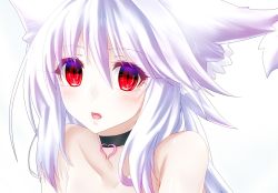Rule 34 | 1girl, :o, animal ears, black neckwear, choker, close-up, hair between eyes, highres, minarai tenna, nude, original, parted lips, red eyes, simple background, slit pupils, solo, tail, white background, white hair