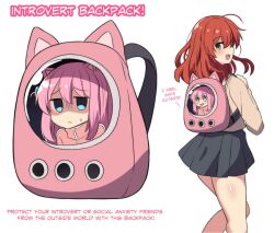 Rule 34 | + +, 2girls, :d, animal bag, animal ears, back, backpack, bag, black skirt, blue eyes, bocchi the rock!, cat bag, cat ears, cat girl, commentary, cube hair ornament, english commentary, english text, from behind, gotoh hitori, green eyes, hair between eyes, hair ornament, highres, hinghoi, in bag, in container, jacket, kemonomimi mode, kita ikuyo, long hair, long sleeves, looking at viewer, looking back, medium hair, multiple girls, open mouth, pink hair, pink jacket, pleated skirt, red hair, school uniform, serafuku, sidelocks, simple background, skirt, smile, track jacket, turtleneck, turtleneck jacket, window