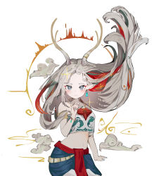 Rule 34 | 1girl, a deer of nine colors, absurdres, arknights, arm at side, closed mouth, crop top, earrings, female focus, floating hair, grey eyes, hand up, highres, horns, jewelry, looking at viewer, navel, nine-colored deer, pointy ears, ryu (17569823), single earring, smile, solo, sparkle, upper body, white background, white hair