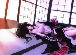 Rule 34 | 1girl, 3 degrees celsius, black hair, bow, breasts, cleavage, hair ornament, hairpin, japanese clothes, large breasts, long hair, lying, ribbon, ribs, skinny, solo, sunlight, window