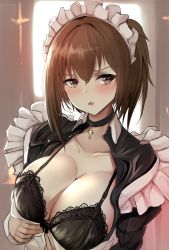 Rule 34 | 1girl, black bra, blush, bra, breasts, brown eyes, brown hair, cleavage, collar, commentary, cross, highres, large breasts, looking at viewer, maid, maid headdress, open clothes, open mouth, open shirt, original, solo, take (trude1945oneetyan), underwear, upper body