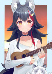 Rule 34 | 1girl, animal ears, asymmetrical clothes, asymmetrical shirt, black collar, blush, cat, closed mouth, clothing cutout, collar, collarbone, crossed bangs, hair between eyes, hair ornament, hairclip, highres, holding, holding instrument, hololive, instrument, long hair, long sleeves, looking at viewer, midori matsukaze, multicolored hair, music, ookami mio, ookami mio (casual), playing instrument, red hair, shirt, shoulder cutout, sidelocks, sleeves past wrists, smile, solo, streaked hair, sunset, taiga (ookami mio), ukulele, upper body, very long hair, virtual youtuber, white shirt, wolf, wolf ears, yellow eyes