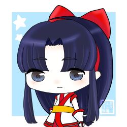 Rule 34 | 1girl, ainu clothes, blue eyes, blue hair, breasts, chibi, expressionless, fingerless gloves, gloves, hair ribbon, highres, looking at viewer, nakoruru, ribbon, samurai spirits, small breasts, snk, solo, the king of fighters