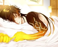 Rule 34 | 1boy, bed, bed sheet, blush, brown hair, commentary, earrings, english commentary, eriimyon, eyeliner, genshin impact, gradient hair, hair between eyes, highres, jewelry, looking at viewer, male focus, messy hair, multicolored hair, on bed, parted lips, pillow, pov across bed, red eyeliner, short hair with long locks, single earring, tassel, tassel earrings, topless male, twitter username, under covers, zhongli (genshin impact)