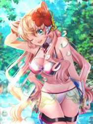 Rule 34 | 1girl, absurdres, bikini, bikini skirt, blonde hair, blue eyes, breasts, cleavage, flower, forest, hair ears, hair flower, hair ornament, highres, juan 0121, large breasts, leaning to the side, lens flare, long hair, looking to the side, maria cadenzavna eve, nature, one eye closed, red flower, senki zesshou symphogear, smile, solo, swimsuit, thigh strap, tree, water, white bikini