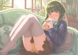 Rule 34 | 1girl, aqua bow, aqua bowtie, black cardigan, blush, bow, bowtie, buttons, cardigan, flower, food, green hair, grey thighhighs, hayashi naoharu, holding, holding food, indoors, kantai collection, long sleeves, open mouth, orange eyes, orange panties, panties, pink flower, plant, potted plant, purple flower, short hair, solo, takanami (kancolle), thighhighs, underwear, white flower, window