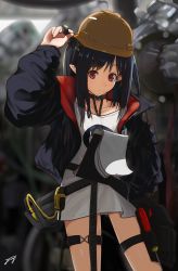 Rule 34 | 1girl, arknights, artist name, black choker, black hair, black jacket, blurry, blurry background, breasts, choker, closed mouth, closure (arknights), collarbone, commentary, cowboy shot, english commentary, expressionless, hair between eyes, hard hat, helmet, highres, holding, holding marker, holding paper, id card, j orange, jacket, lanyard, long hair, long sleeves, looking at viewer, marker, open clothes, open jacket, paper, pointy ears, red eyes, science, shirt, signature, solo, thigh strap, tool belt, white shirt