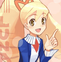 Rule 34 | blonde hair, blush, bow, brown eyes, capcom, character name, hair bow, hair ornament, hand gesture, haruno shuu, index finger raised, looking to the side, luna platz (mega man), mega man (series), mega man star force, open mouth, red bow, ribbon, smile, twintails, upper body