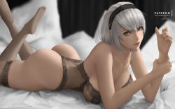 Rule 34 | 1girl, android, ass, bare shoulders, bed, black hairband, blue eyes, blurry, breasts, brown thighhighs, depth of field, artistic error, eyelashes, hairband, lace, lace-trimmed legwear, lace trim, large breasts, leotard, lingerie, lolliedrop, looking at viewer, lying, nier (series), nier:automata, on stomach, short hair, silver hair, smile, solo, teddy (lingerie), the pose, thighhighs, thong leotard, underwear, 2b (nier:automata)