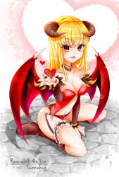 Rule 34 | 1girl, babydoll, black panties, blonde hair, blush, boots, bow, bow panties, breasts, bridal garter, brown choker, brown footwear, brown horns, brown sleeves, character name, chinese commentary, choker, cleavage, commentary request, copyright name, demon girl, demon horns, demon wings, detached sleeves, heart, highres, horns, jin (az2492079), long hair, looking at viewer, medium breasts, nail polish, navel, o-ring, open mouth, panties, ragnarok online, red babydoll, red bow, red eyes, red nails, red wings, solo, succubus (ragnarok online), underwear, wings