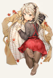 Rule 34 | 1girl, absurdres, anmi, ass, black ribbon, black shirt, blouse, blush, brown coat, brown eyes, brown pantyhose, casual, closed mouth, coat, unworn coat, collared shirt, commentary request, feet up, from behind, girls und panzer, gradient background, hair ribbon, highres, leaf, light brown hair, long hair, long sleeves, looking at viewer, looking back, lying, maple leaf, no shoes, on stomach, one side up, pantyhose, pleated skirt, red skirt, ribbon, shimada arisu, shirt, sidelocks, simple background, skirt, solo, suspenders