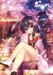 Rule 34 | 1girl, :d, absurdres, animal, animal ears, arm at side, ass, bare legs, bare shoulders, black footwear, black hair, cherry blossoms, collarbone, crossed legs, flat chest, full moon, geta, hair ribbon, hand up, head tilt, highres, japanese clothes, kimono, lantern, light, long hair, long sleeves, looking at viewer, moon, night, night sky, no panties, off shoulder, open mouth, original, outdoors, petals, pink ribbon, rabbit, rabbit ears, rabbit girl, red eyes, red kimono, ribbon, sandals, scan, short kimono, sidelocks, sitting, sky, sleeves past fingers, sleeves past wrists, smile, socks, solo, stairs, star (sky), starry sky, tabi, tree, tress ribbon, utsunomiya tsumire, very long hair, whiskers, white socks, wide sleeves