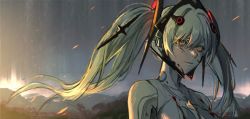 Rule 34 | 1girl, aqua hair, artist request, blood, blood on clothes, blood on face, floating hair, glitch, hair between eyes, headgear, highres, long hair, looking at viewer, luna (punishing: gray raven), mountainous horizon, orange eyes, outdoors, parted lips, punishing: gray raven, sleeveless, solo, source request, sunlight, twintails, upper body