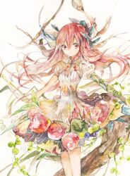 Rule 34 | 1girl, bow, branch, dress, flower, food, fruit, hair between eyes, hair bow, kazuka, leaf, long hair, looking at viewer, original, painting (medium), pink hair, pomegranate, puffy sleeves, red eyes, red hair, short sleeves, solo, traditional media, watercolor (medium), white background, white dress