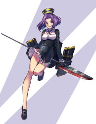 Rule 34 | 1girl, arms behind back, black gloves, breasts, gloves, halo, highres, kantai collection, loafers, long sleeves, looking at viewer, mechanical halo, medium breasts, neck ribbon, polearm, purple eyes, purple hair, red ribbon, ribbon, rigging, shimatani azu, shoes, short hair, smile, solo, standing, standing on one leg, tatsuta (kancolle), weapon, white background