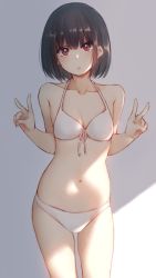 Rule 34 | 1girl, :o, bare arms, bare shoulders, bikini, black hair, breasts, collarbone, double v, front-tie bikini top, front-tie top, hands up, highres, looking at viewer, nagami yuu, navel, original, parted lips, red eyes, shadow, short hair, small breasts, solo, swimsuit, v, white bikini