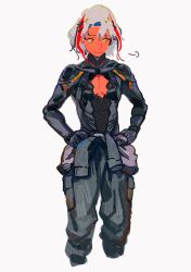 Rule 34 | 1boy, bodysuit, cleavage cutout, closed mouth, clothing cutout, fate/grand order, fate (series), grey jumpsuit, hair intakes, hands on own hips, highres, jumpsuit, looking to the side, male focus, multicolored hair, odysseus (fate), pectoral cleavage, pectorals, qmiqun, simple background, solo, streaked hair, tied sleeves, white background, white hair, yellow eyes