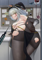 Rule 34 | 1girl, absurdres, animal ears, arknights, arm support, ass, bare shoulders, bent over, black gloves, black hat, black pantyhose, blood, blood bag, blush, breasts, cat ears, cat girl, cat tail, closed mouth, commentary request, elbow gloves, facial mark, from behind, glint, gloves, green eyes, hat, highres, kal&#039;tsit (arknights), kl yu bing, large breasts, loincloth, looking at viewer, looking back, pantyhose, pov, short hair with long locks, sideboob, sidelocks, silver hair, smile, solo, syringe, tail, torn clothes, torn gloves, witch hat