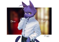 Rule 34 | 1boy, animal ears, antenna hair, aru (aru7g), black pants, buttoned cuffs, buttons, cat boy, cat ears, cat tail, character name, commentary request, furry, furry male, hand on own cheek, hand on own face, highres, looking at viewer, male focus, morenatsu, pants, shin kuroi, shirt, signature, tail, white shirt, yellow eyes