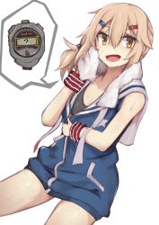 Rule 34 | 1girl, azur lane, blonde hair, breasts, commentary request, drying, hair between eyes, highres, jersey, marshall k, maury (azur lane), medium hair, open mouth, side ponytail, simple background, sleeveless, small breasts, smile, solo, speech bubble, spoken object, sports bra, sportswear, stopwatch, sweat, sweatband, towel, watch, white background, yellow eyes