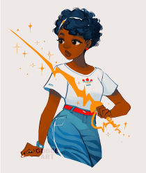 Rule 34 | 1girl, artist name, blouse, blue hair, commentary, curly hair, dark-skinned female, dark skin, earrings, english commentary, geneva bowers, hairband, holding, holding sword, holding weapon, jewelry, looking to the side, original, parted lips, shirt, short hair, simple background, solo, sparkle, sword, watermark, weapon, white background, white shirt