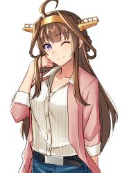 Rule 34 | 10s, 1girl, ahoge, alternate costume, bad id, bad pixiv id, belt, belt buckle, brown hair, buckle, casual, collarbone, commentary request, denim, double bun, hair bun, hand on own cheek, hand on own face, headgear, highres, jacket, jeans, kantai collection, kongou (kancolle), long hair, looking at viewer, one eye closed, pallad, pants, pink jacket, purple eyes, shirt, simple background, solo, striped clothes, striped shirt, white background, white shirt