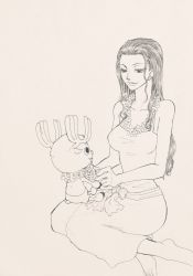 Rule 34 | 1boy, 1girl, black hair, dress, eye contact, flower, flower necklace, highres, jewelry, long hair, looking at another, monochrome, necklace, nico robin, one piece, plant, reindeer, simple background, sitting, sitting on lap, sitting on person, smile, tagme, tony tony chopper
