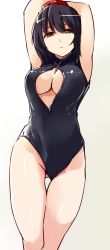 Rule 34 | 1girl, arms up, black hair, black one-piece swimsuit, breasts, cleavage, female focus, front zipper swimsuit, hat, kamukamu (ars), large breasts, looking at viewer, meme attire, one-piece swimsuit, red eyes, shameimaru aya, solo, swimsuit, tokin hat, touhou, unzipped