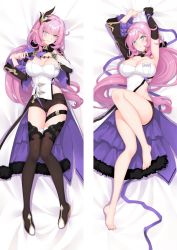 Rule 34 | 1girl, armpits, arms up, asymmetrical clothes, billie (meng gong fang), black gloves, black shorts, blue eyes, blunt bangs, breasts, cleavage, dakimakura (medium), elysia (honkai impact), elysia (miss pink elf) (honkai impact), gloves, honkai (series), honkai impact 3rd, large breasts, long hair, looking at viewer, moeanime, multiple views, pink hair, pointy ears, shorts, single glove, smile, tagme, thigh strap, thighhighs, very long hair