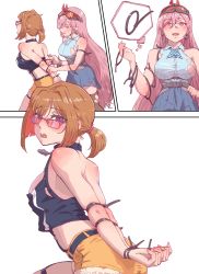 Rule 34 | 2girls, absurdres, bdsm, bondage, bound, breasts, cable tie, commission, girls&#039; frontline, glasses, grizzly mkv (girls&#039; frontline), grizzly mkv (weekend cop) (girls&#039; frontline), hair ornament, hair scrunchie, highres, leveen, medium breasts, multiple girls, official alternate costume, purple eyes, red-framed eyewear, restrained, scrunchie, second-party source, short hair, short ponytail, short shorts, shorts, skindentation, tank top, thigh strap, torn clothes, v-shaped eyebrows, yellow shorts