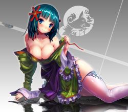 Rule 34 | 1girl, abyss05, areola slip, arm support, bad id, bad pixiv id, bare shoulders, blue eyes, blush, breasts, cleavage, cross, emblem, frills, green hair, hair ornament, highres, large breasts, liquid, off shoulder, original, panties, reflective floor, sai (abyss05), sash, shiny skin, short hair, sitting, skindentation, smile, solo, string panties, thighhighs, underwear, white thighhighs, wrist cuffs, yokozuwari