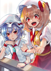 Rule 34 | 2girls, :o, ascot, blonde hair, blue hair, bow, brooch, clothes grab, collared shirt, commentary request, fang, flandre scarlet, hair between eyes, hair bow, hand up, hat, hat ribbon, highres, index finger raised, jewelry, long hair, looking at viewer, mob cap, multiple girls, open mouth, pointing, puffy short sleeves, puffy sleeves, red ascot, red bow, red eyes, red ribbon, red skirt, remilia scarlet, ribbon, scottie (phantom2), shirt, short hair, short sleeves, siblings, sisters, skirt, skirt set, smile, touhou, vest, white hat, white shirt, wing collar, wrist cuffs, yellow ascot